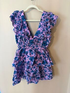 Ruffled Floral One-Piece Romper - Pink & Blue